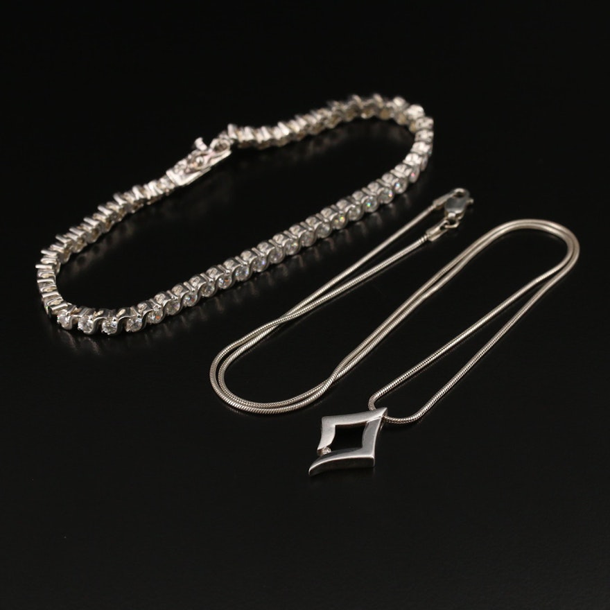 Sterling Diamond Necklace and Cubic Zirconia Line Bracelet