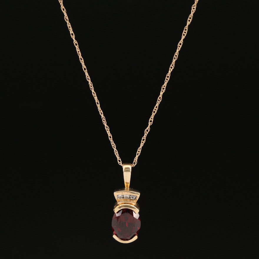 10K Semi-Bezel Set Garnet Pendant on 14K Chain Necklace
