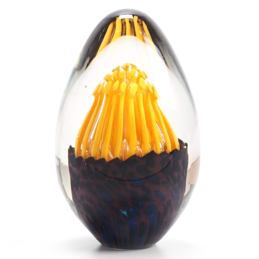 Yellow, Blue, and Brown Glass Egg Shaped Paperweight with Sea Anemone Design