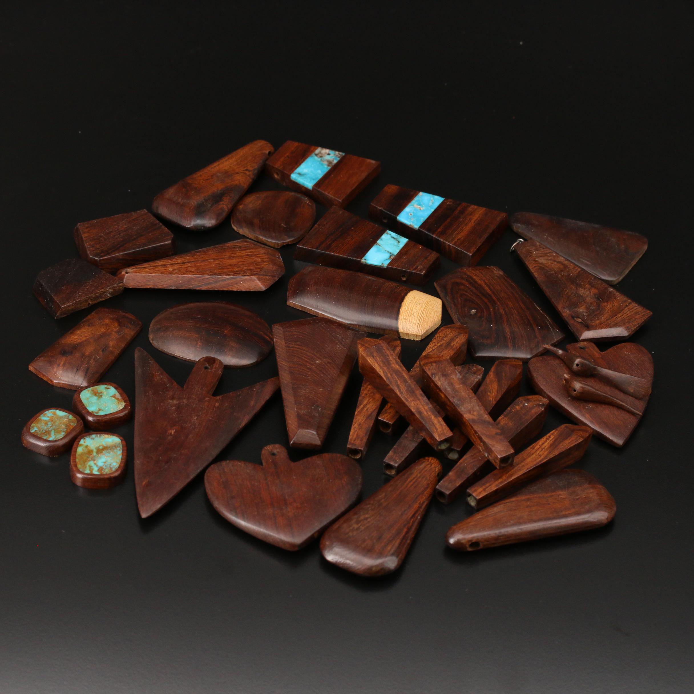 Loose Wooden Pendants, Slides and Beads Including Turquoise Accents