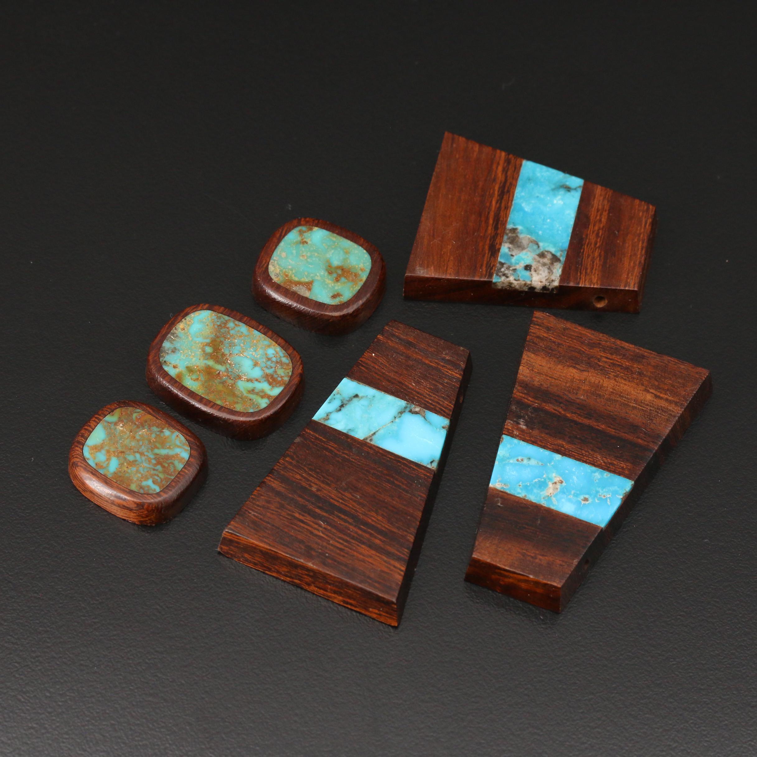 Loose Wooden Pendants, Slides and Beads Including Turquoise Accents