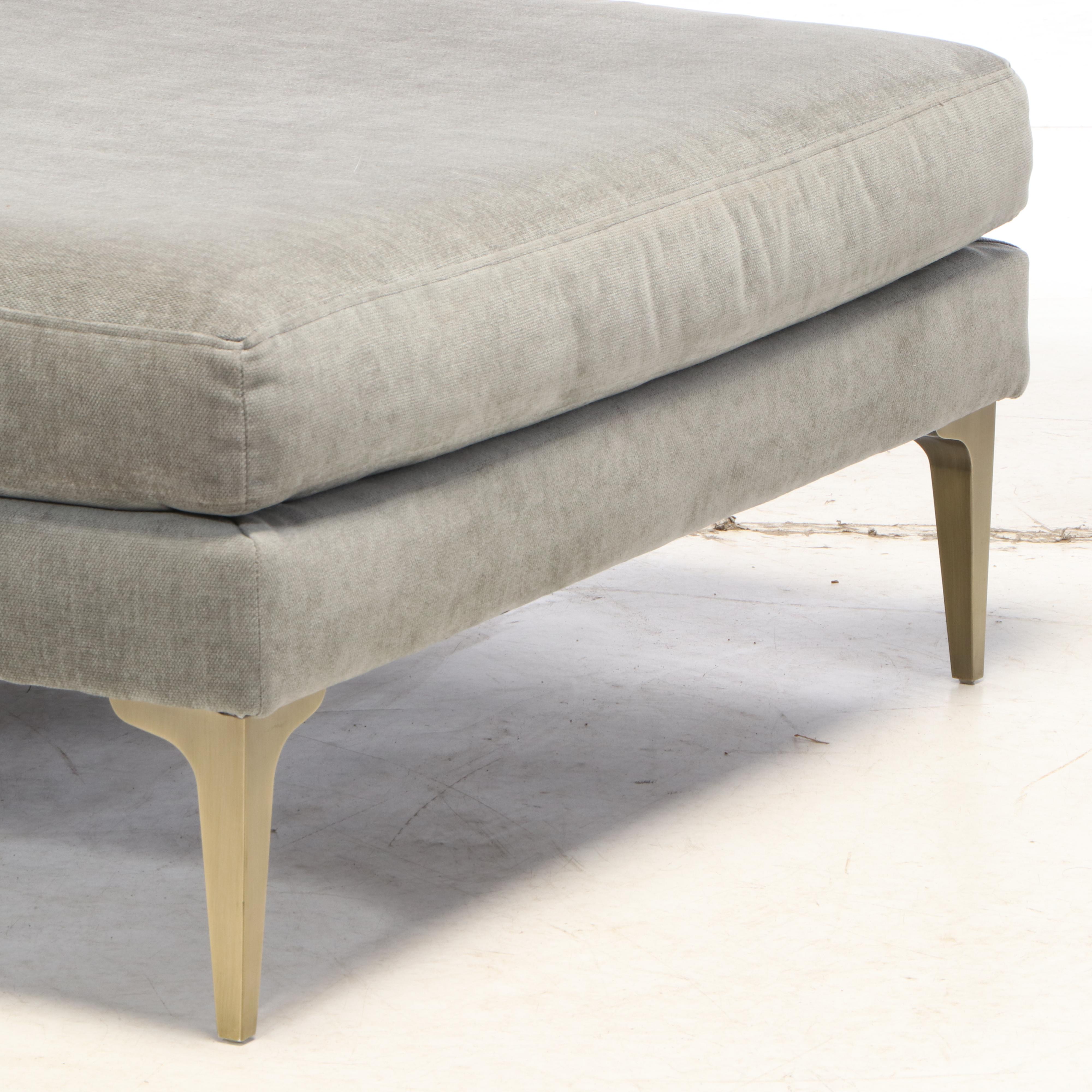 West Elm "Andes" Modern Upholstered Ottoman in Mineral Grey Distressed Velvet