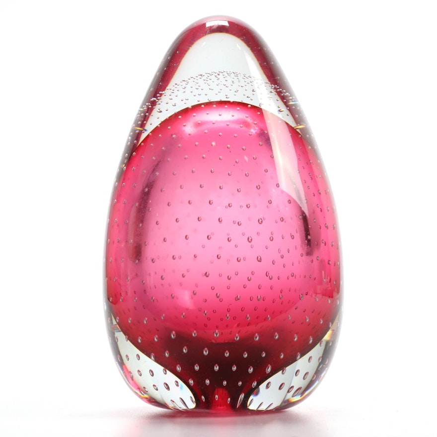 Cranberry Sommerso Glass Egg Shaped Paperweight with Controlled Bubble Design