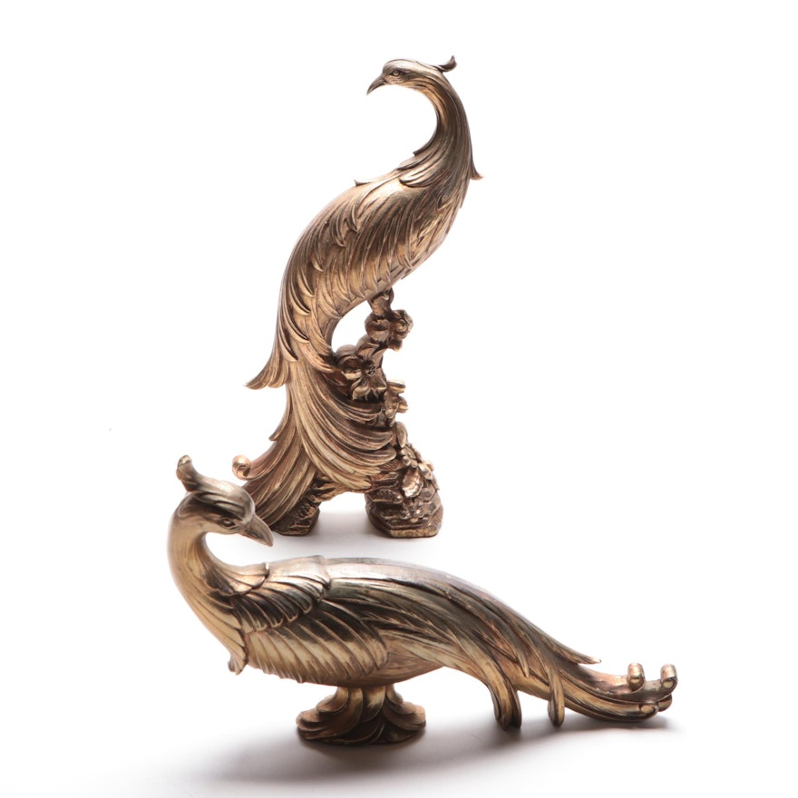 Two Silver Leafed Resin Peacock Figurines