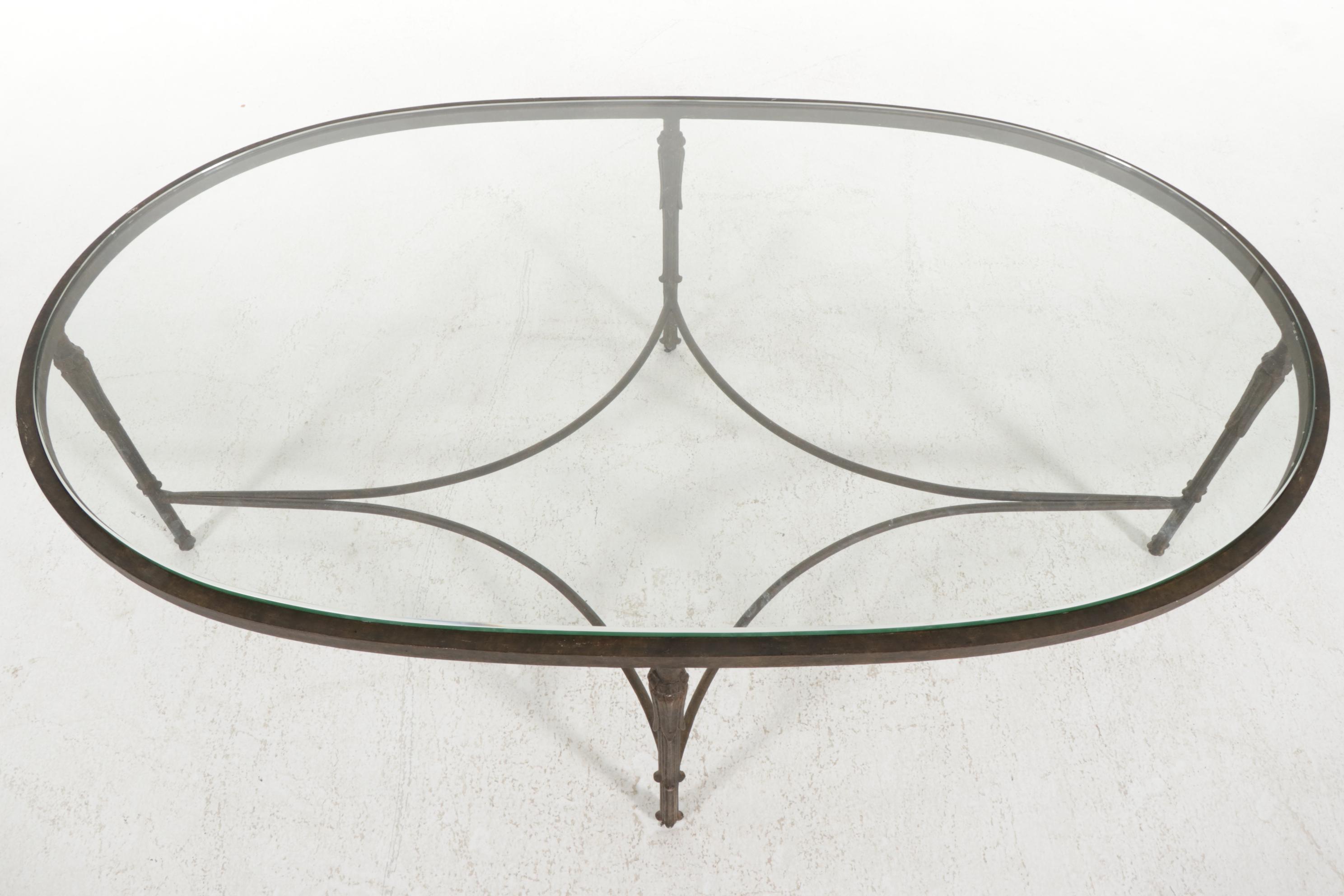 Contemporary Metal Glass Top Oval Coffee Table