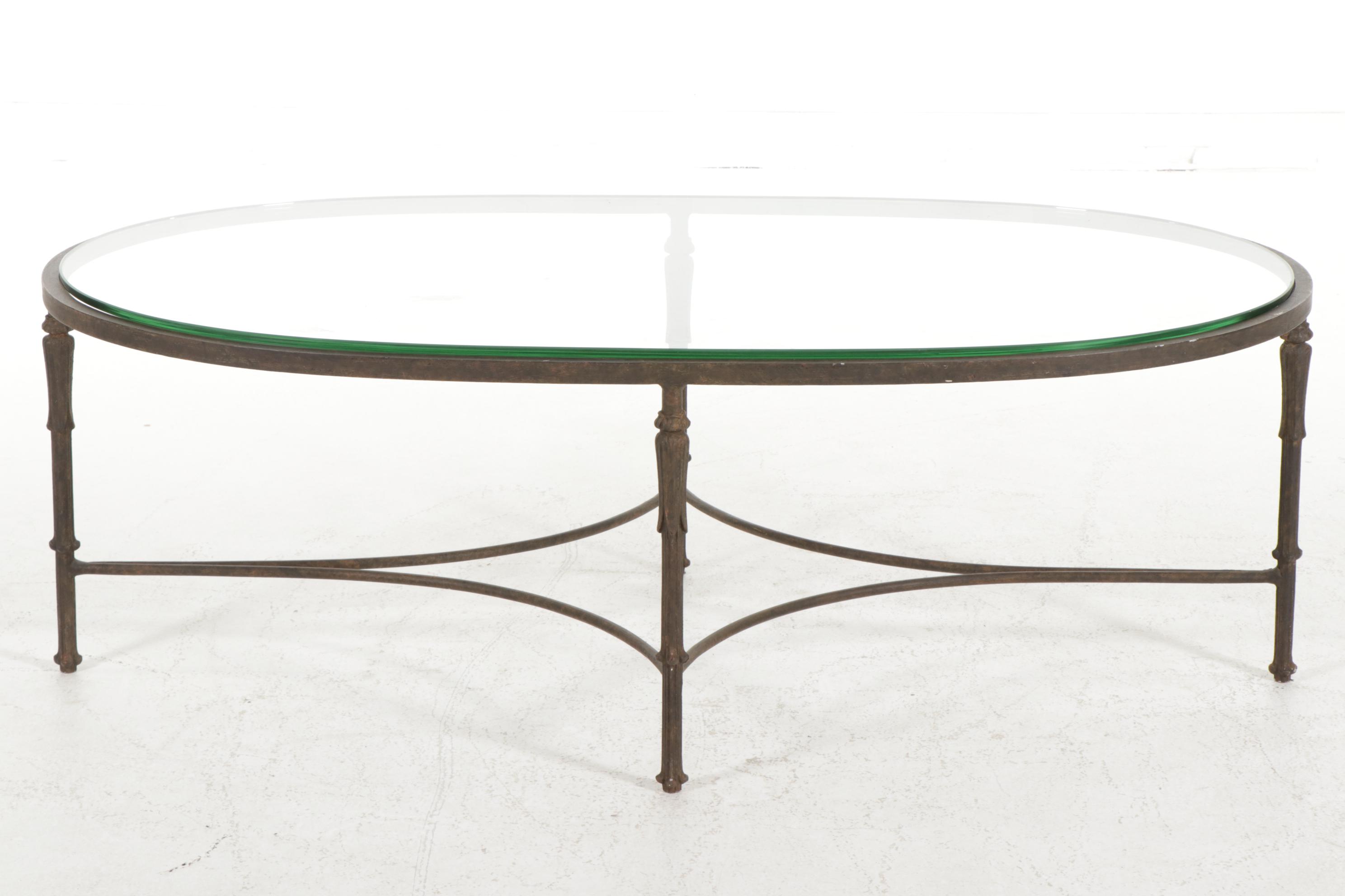 Contemporary Metal Glass Top Oval Coffee Table