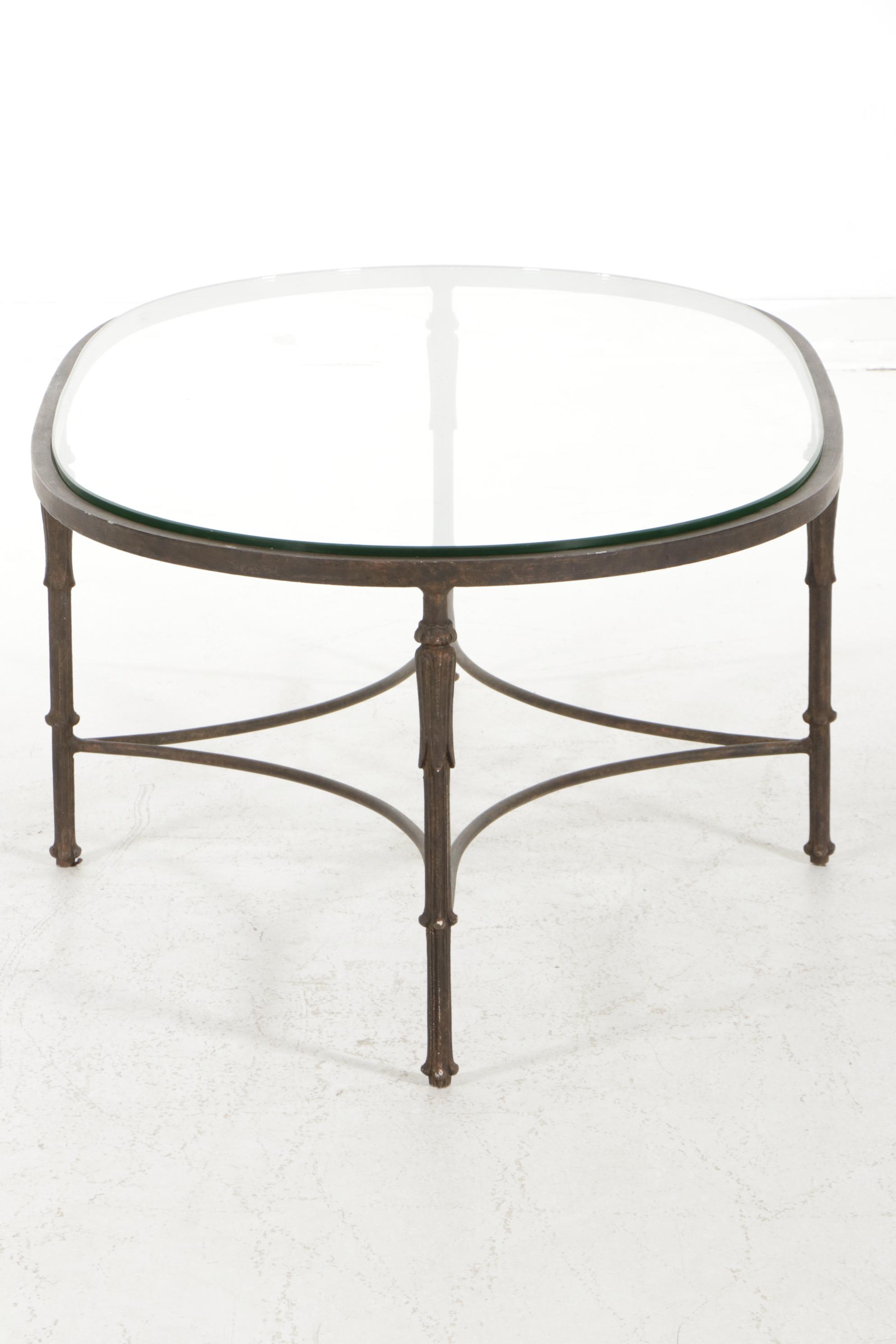 Contemporary Metal Glass Top Oval Coffee Table