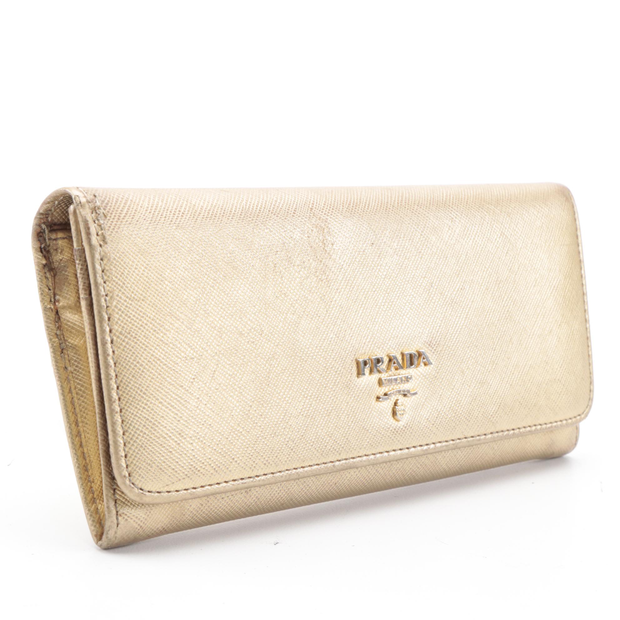 Modified Prada Metallic Gold Saffiano Leather Long Wallet with Box