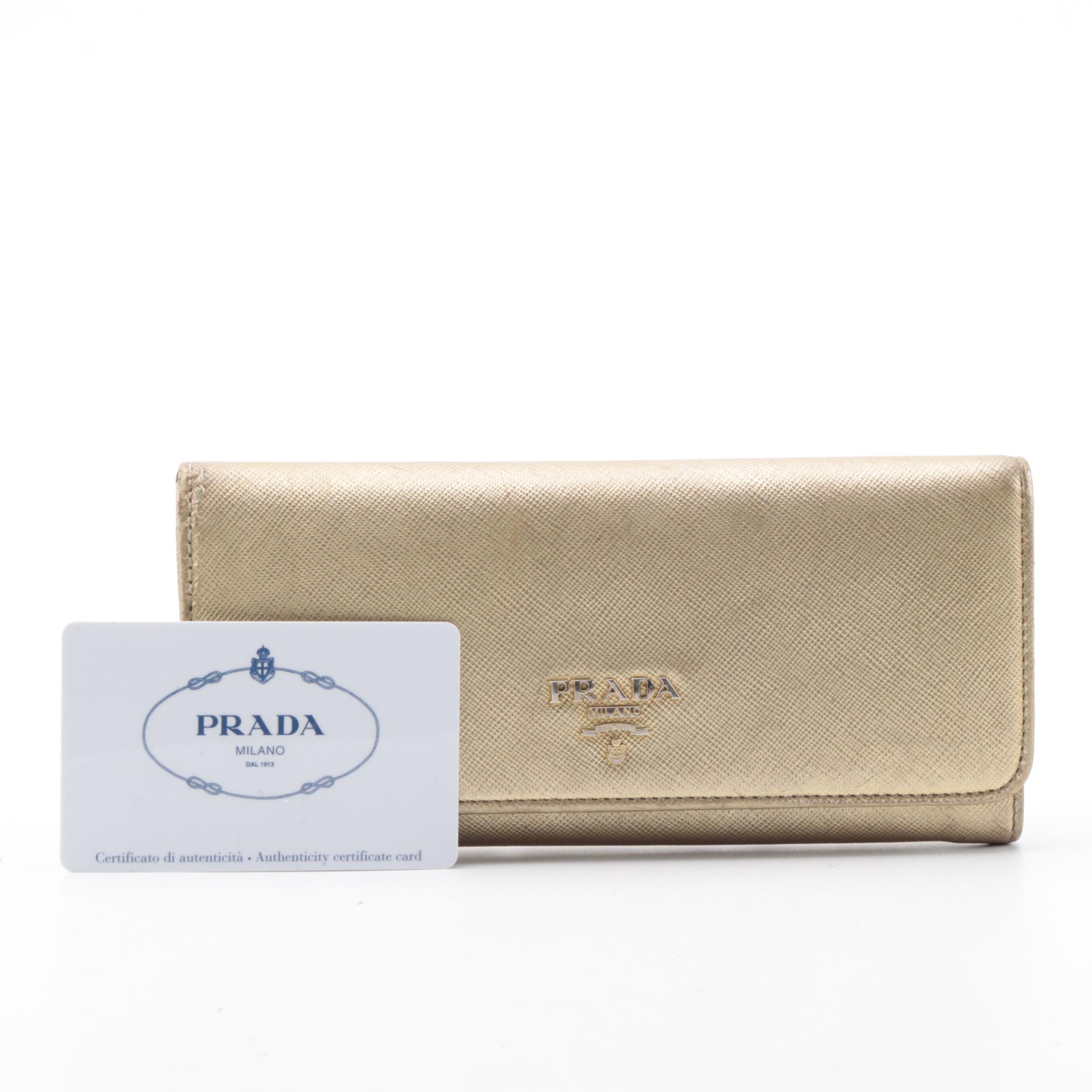 Modified Prada Metallic Gold Saffiano Leather Long Wallet with Box