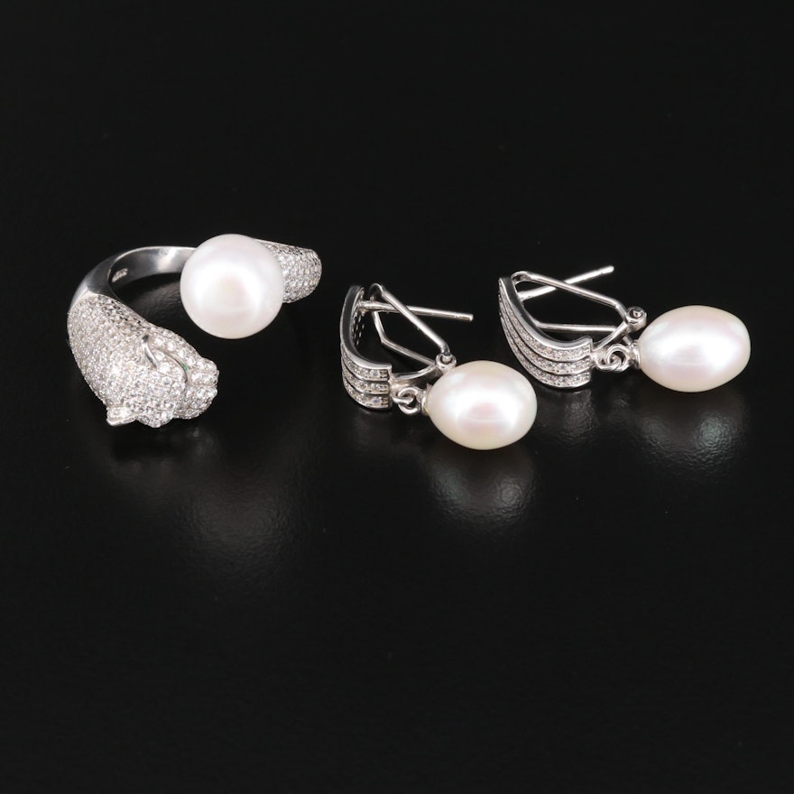 Sterling Silver Pearl and Cubic Zirconia Jaguar Ring with Drop Earrings