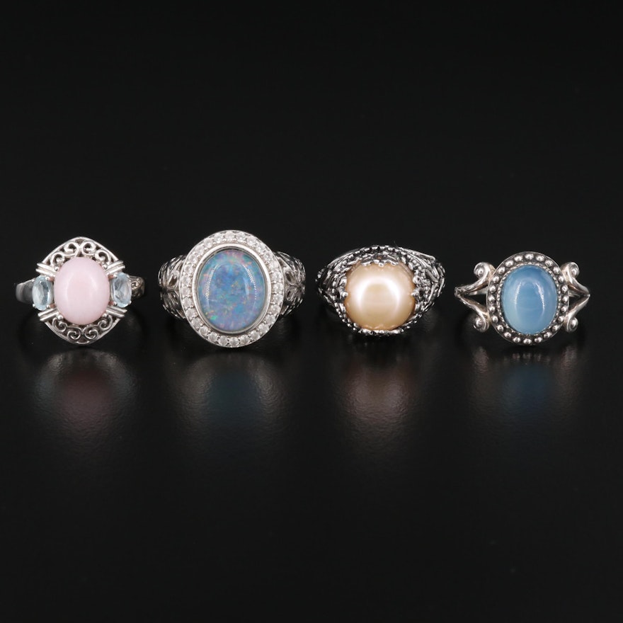 Sterling Ring Selection Featuring Chalcedony, Pearl and Opal Doublets