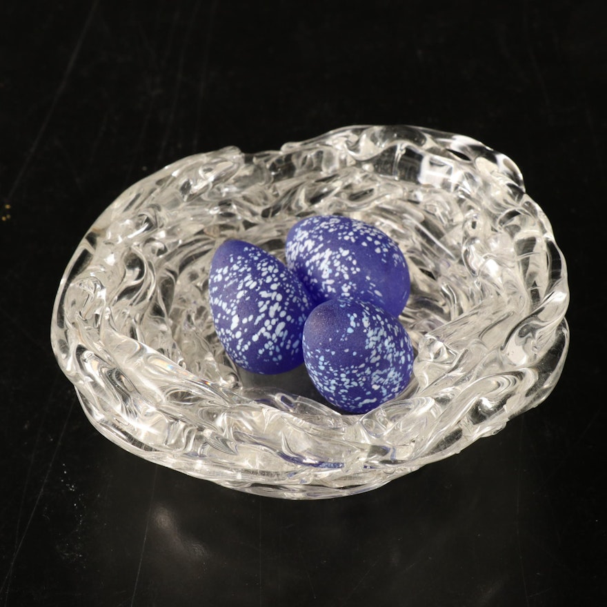 Art Glass Nest with Frosted Purple Glass Speckled Eggs