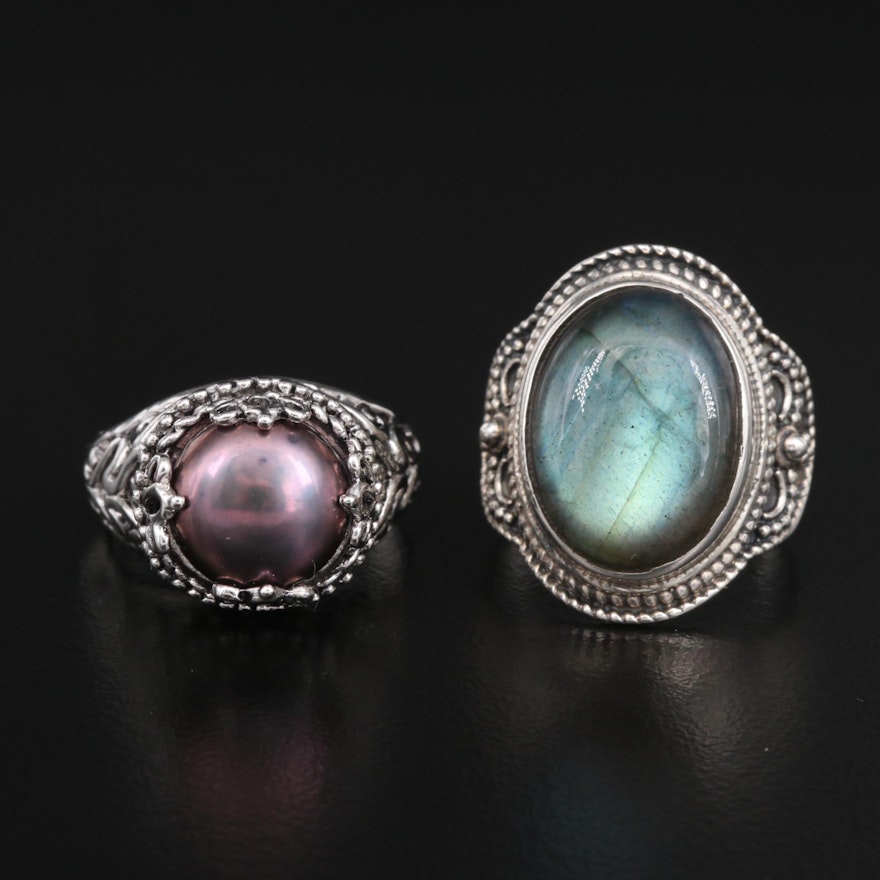 Sterling Silver Labradorite and Pearl Rings