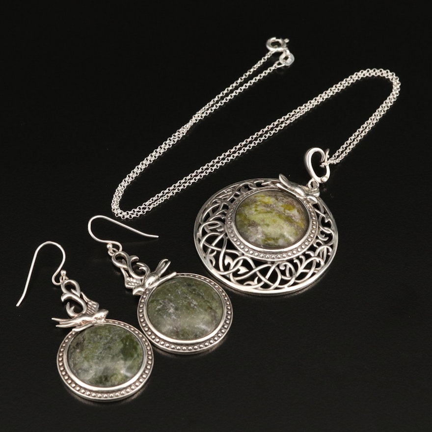 Sterling Silver Serpentine Swallow Pendant Necklace and Earring Set