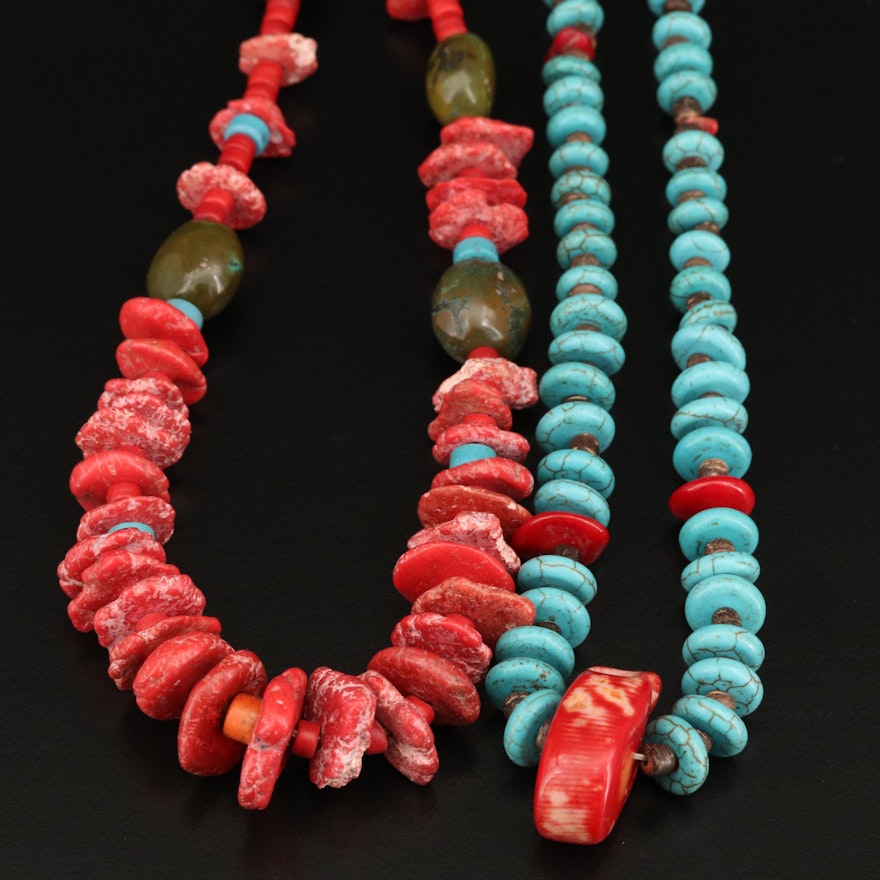 Turquoise, Coral and Serpentine Beaded Necklaces