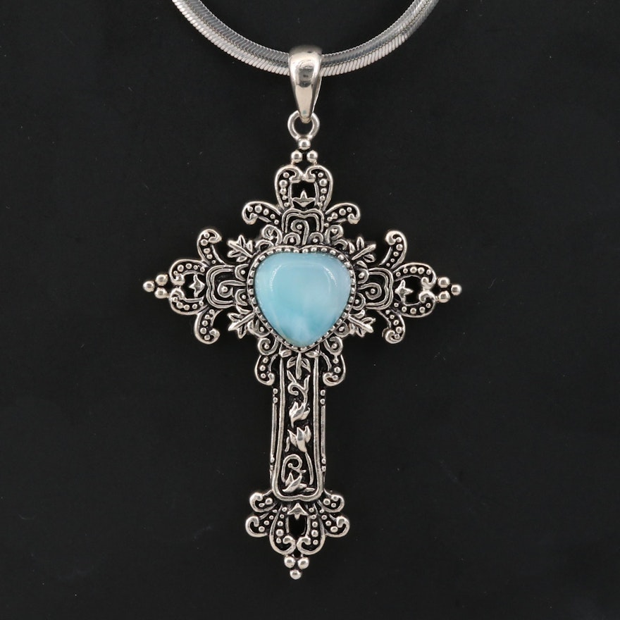 Sterling Silver Larimar Cross Pendant Necklace