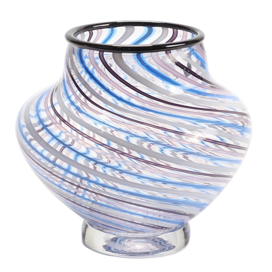 Blown Glass Footed Vase with Spiral Caning