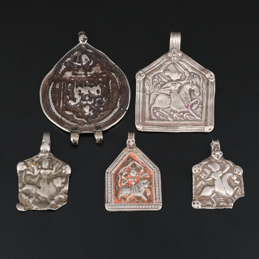 Rajasthani Indian Amulet Pendants with Goddess Durga and Sterling Silver