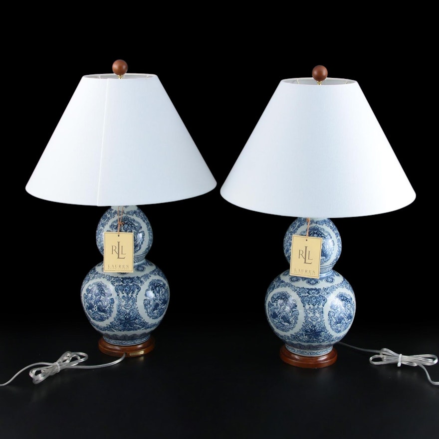 Pair of Ralph Lauren Blue and White Double Gourd Ceramic Table Lamps