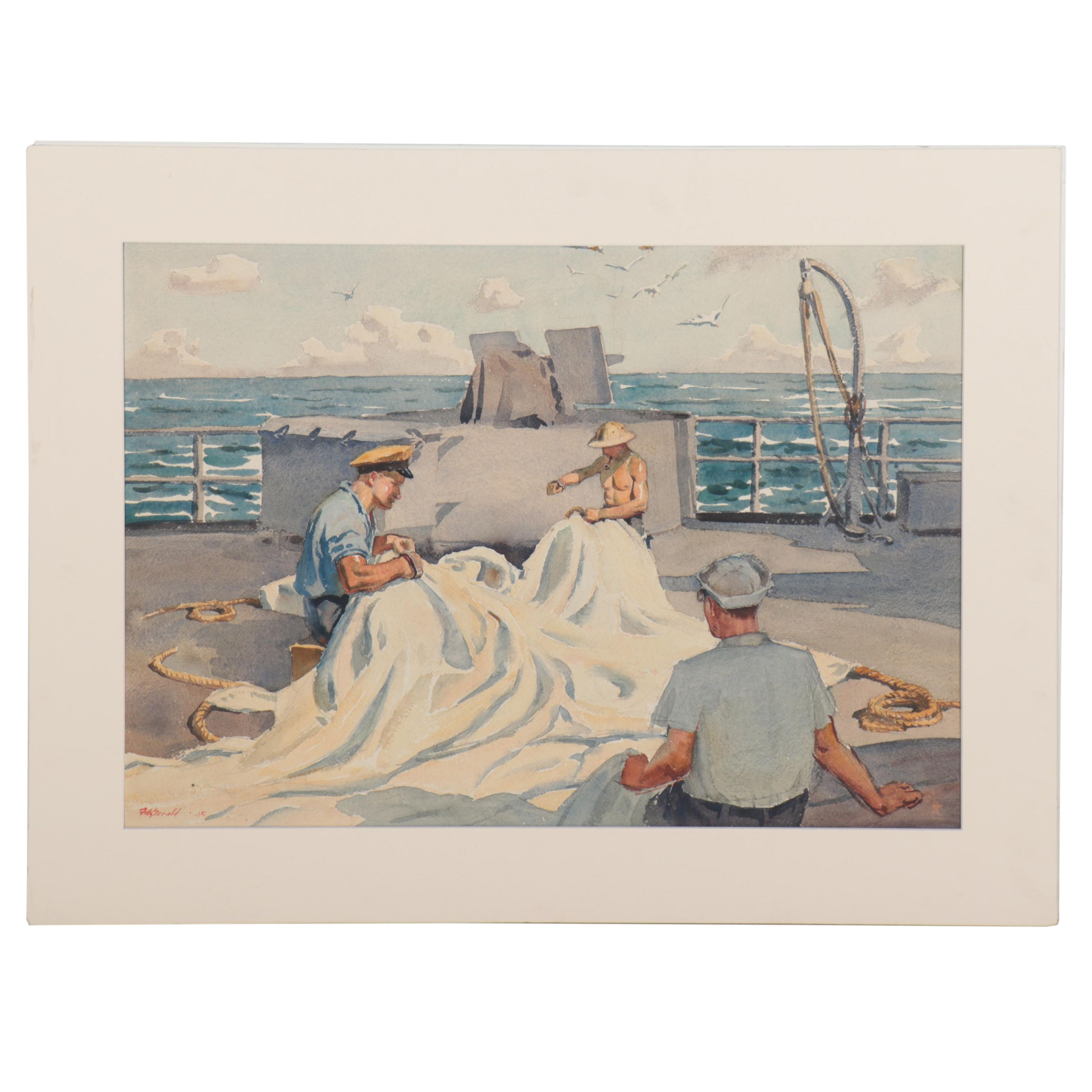Edmond J. Fitzgerald Watercolor Painting "Board Ship WWII," 1945