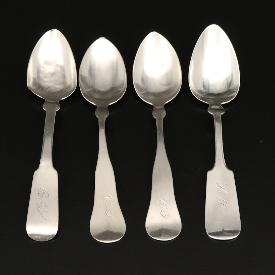 American Fiddleback Coin and Sterling Silver Spoons, Mid to Late 19th Century