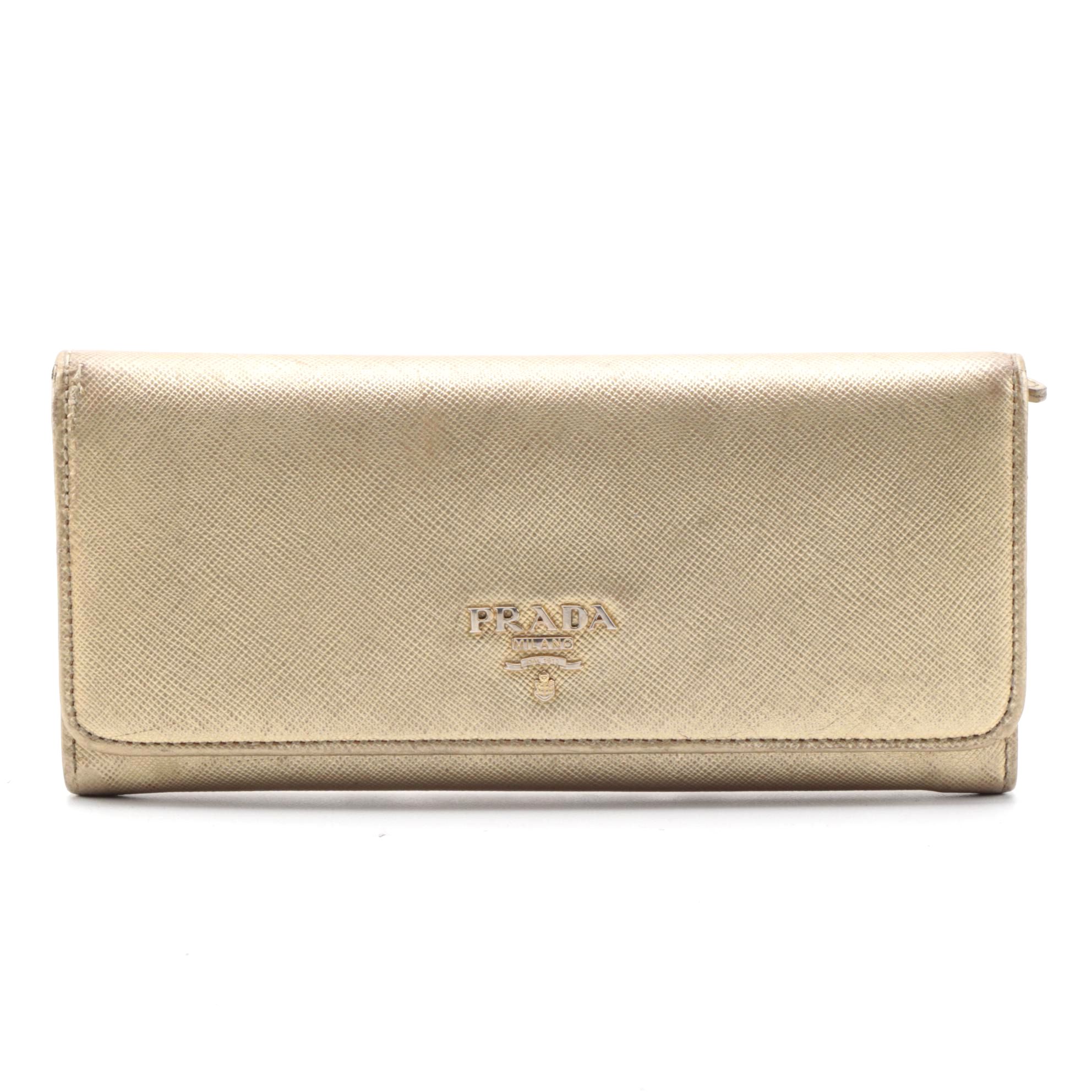 Modified Prada Metallic Gold Saffiano Leather Long Wallet with Box