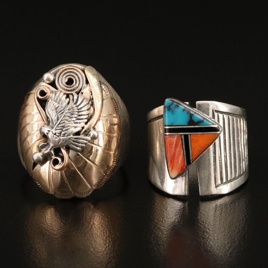 Sterling Rings Featuring Turquoise Inlay and Appliqué Accents