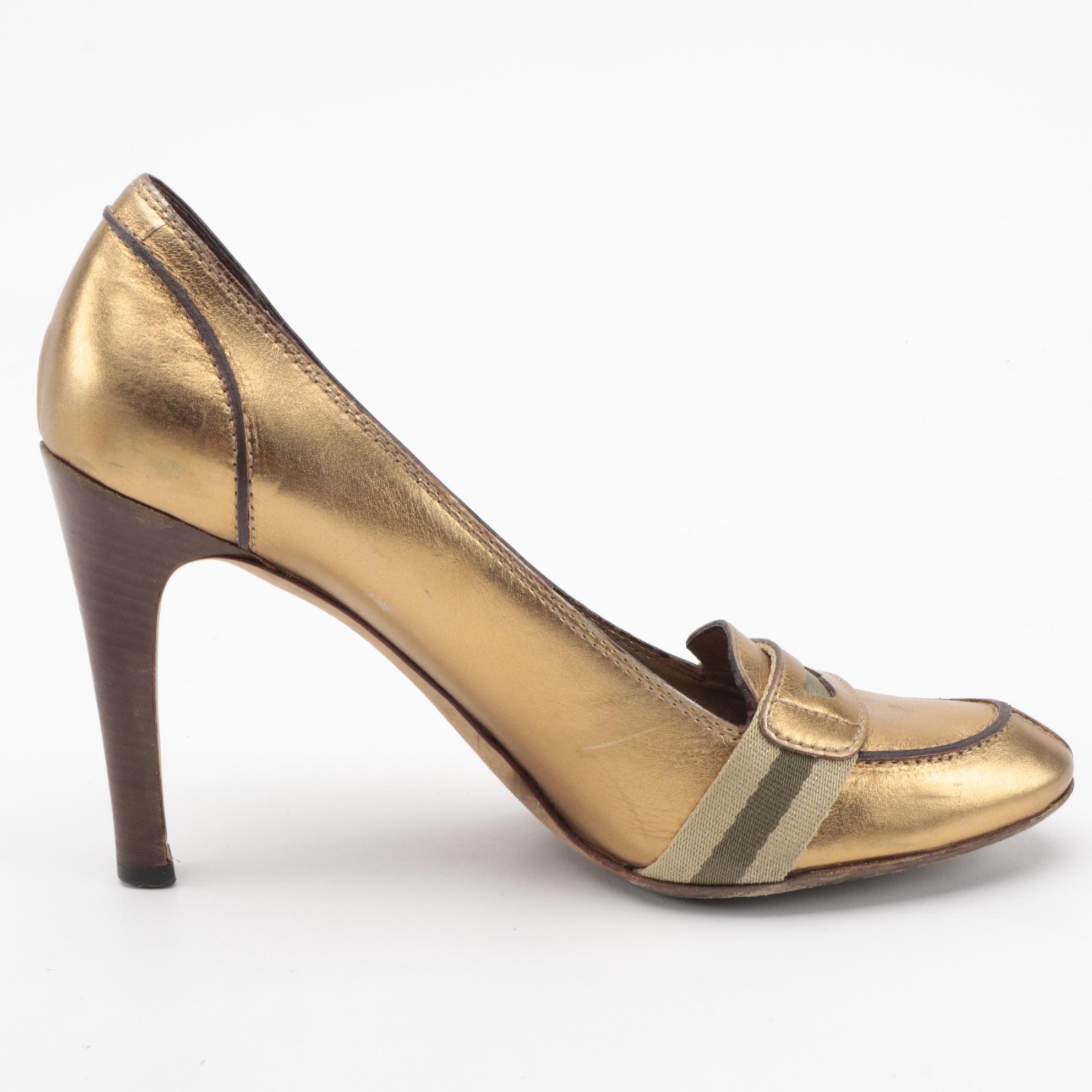 Gucci Web Gold Metallic Leather Loafer Pumps