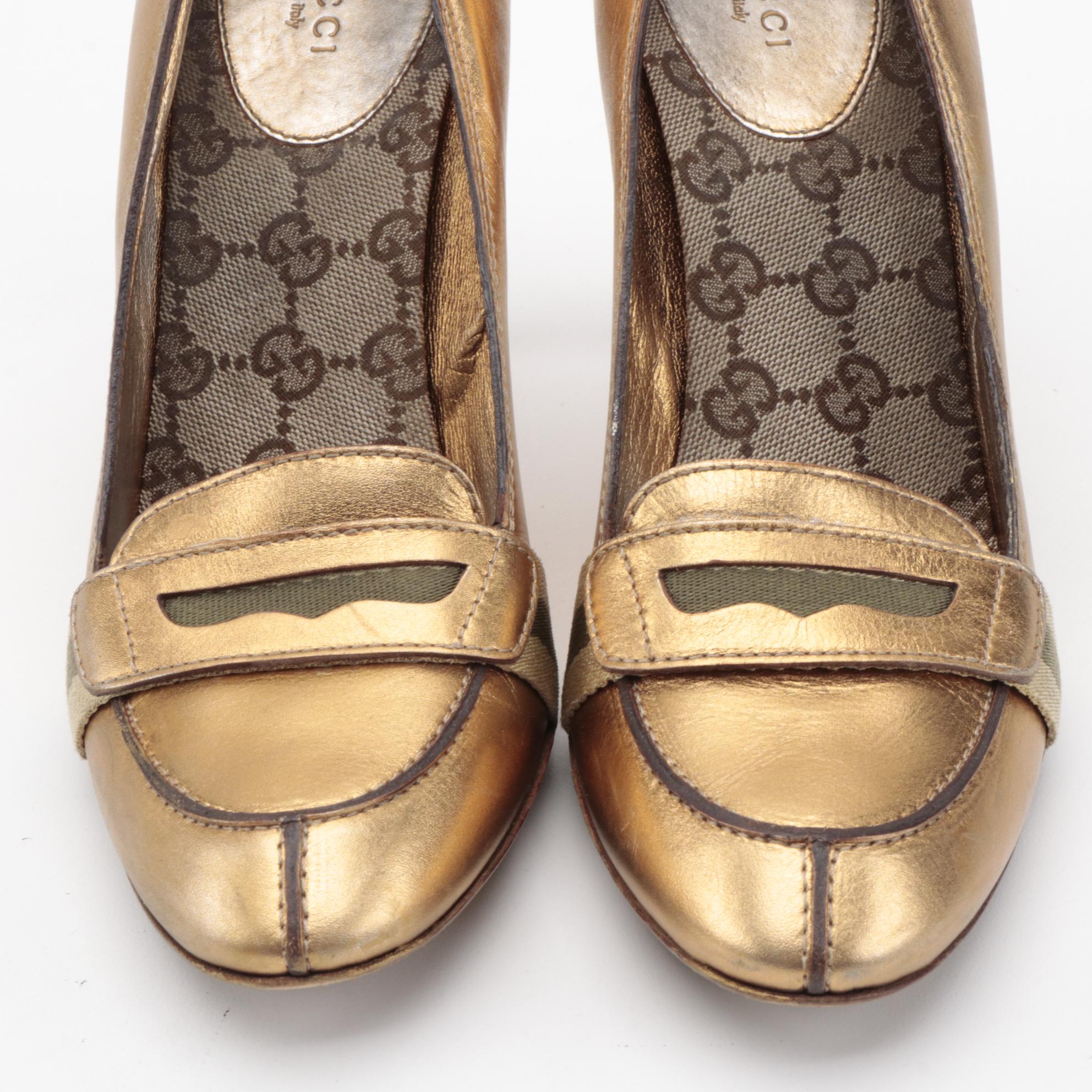 Gucci Web Gold Metallic Leather Loafer Pumps