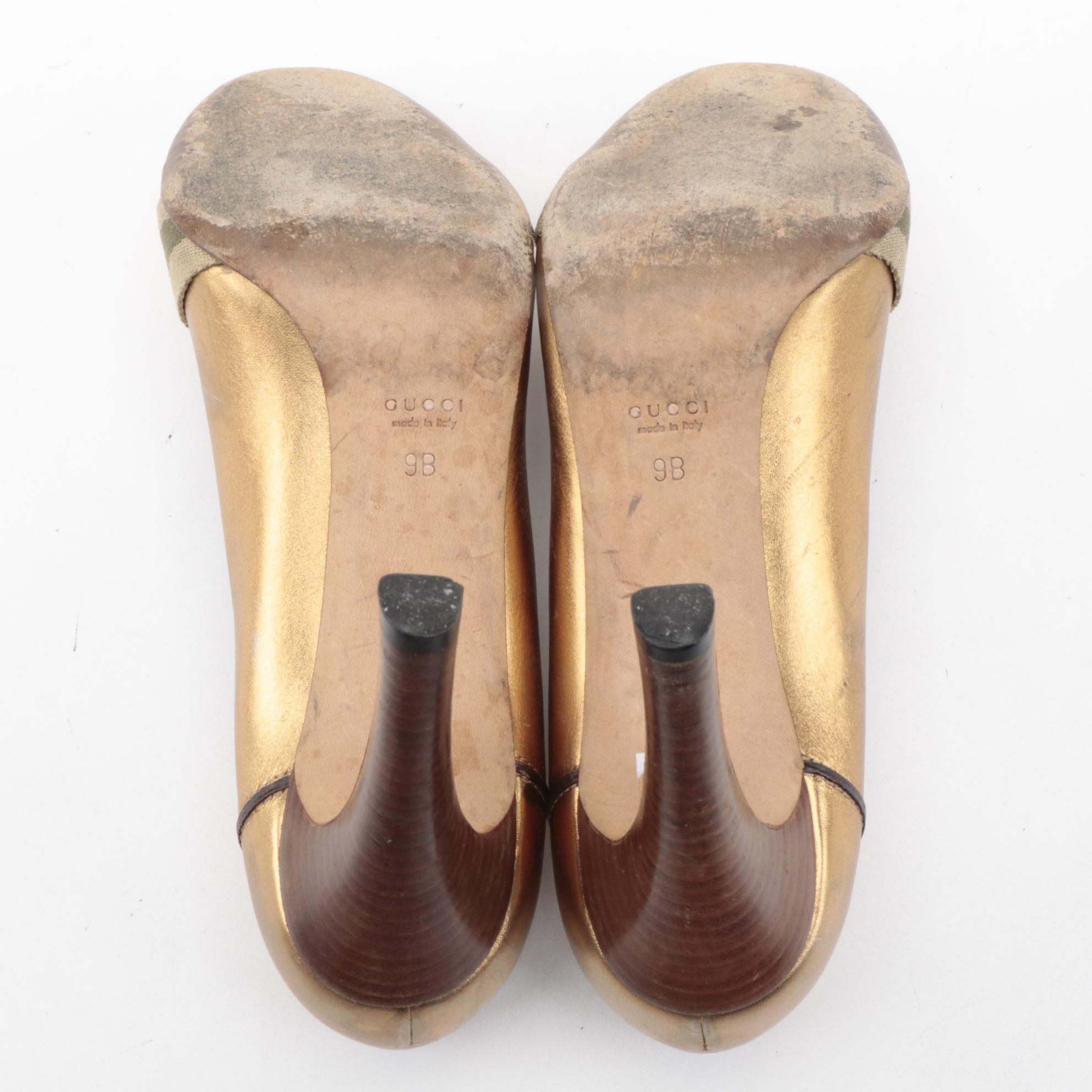 Gucci Web Gold Metallic Leather Loafer Pumps