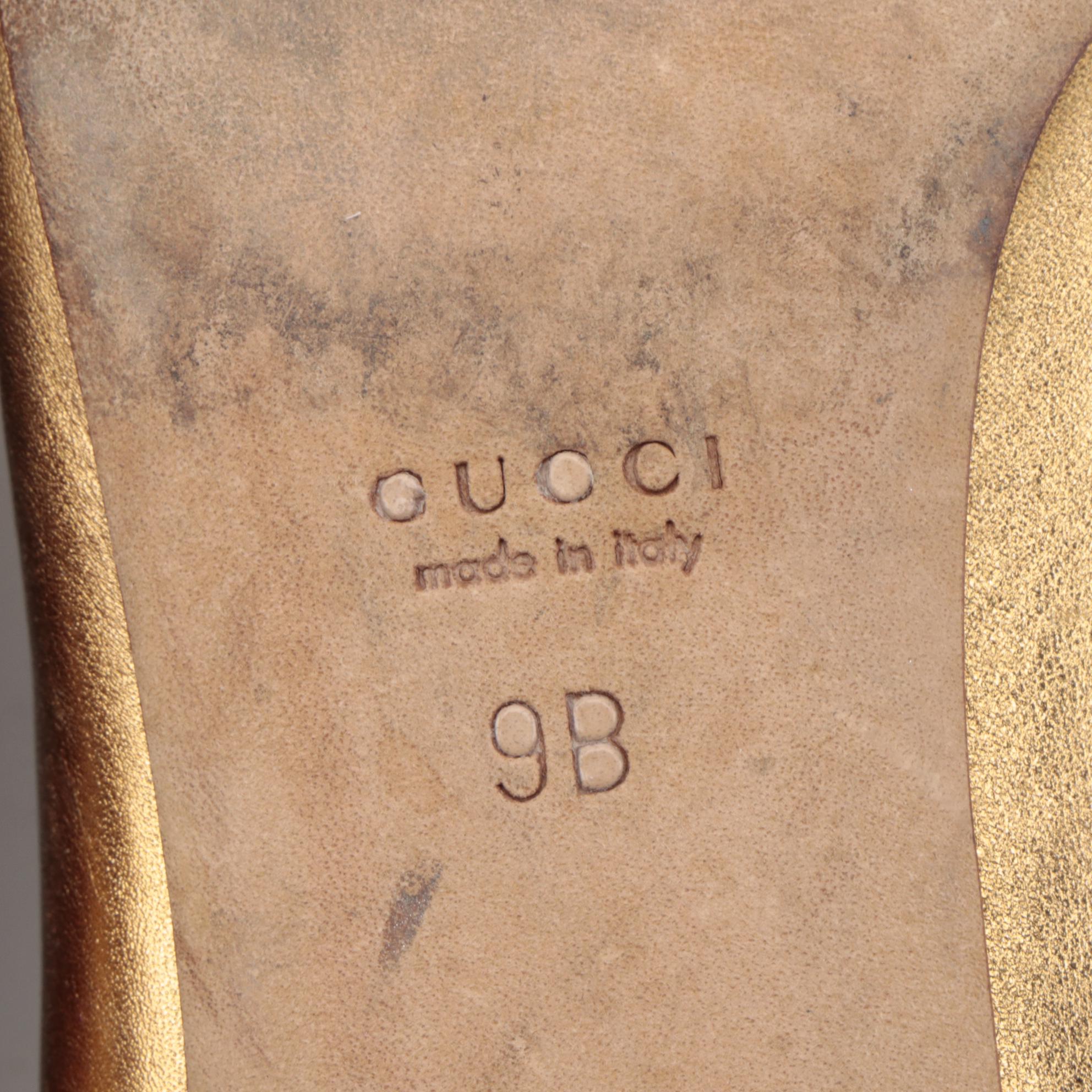 Gucci Web Gold Metallic Leather Loafer Pumps