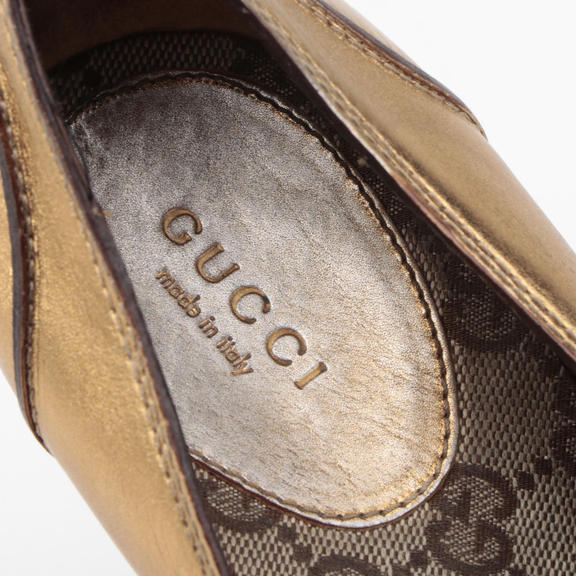 Gucci Web Gold Metallic Leather Loafer Pumps