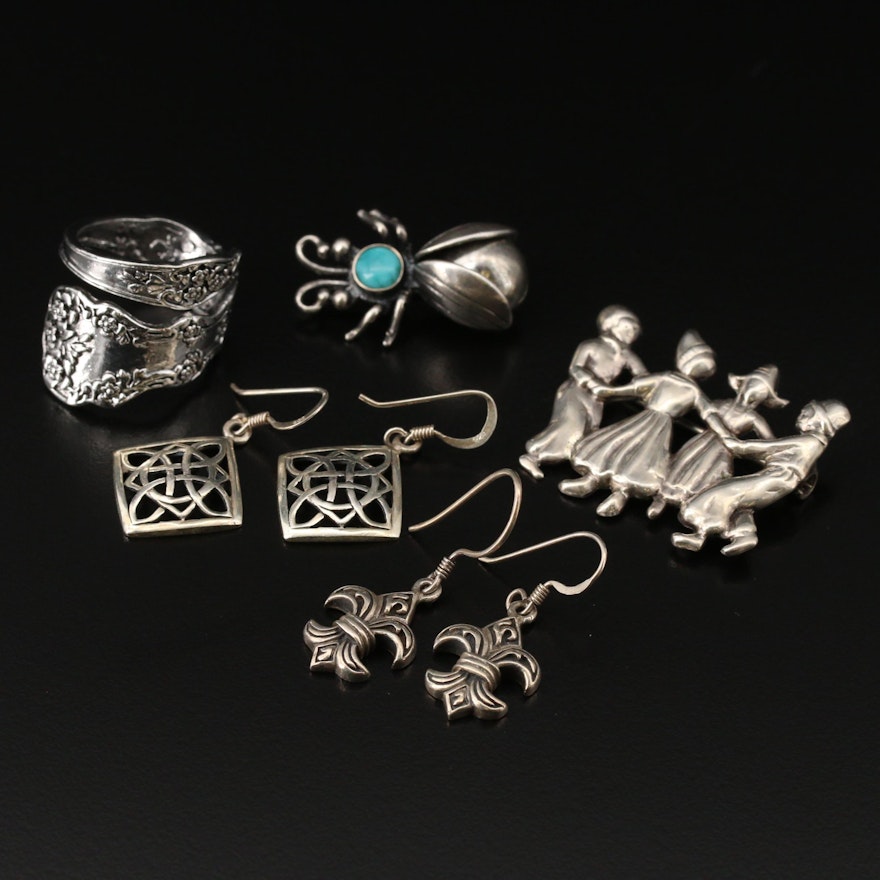 Sterling Jewelry Including Spoon Ring, Insect Brooch and Fluer-de-lis Earrings
