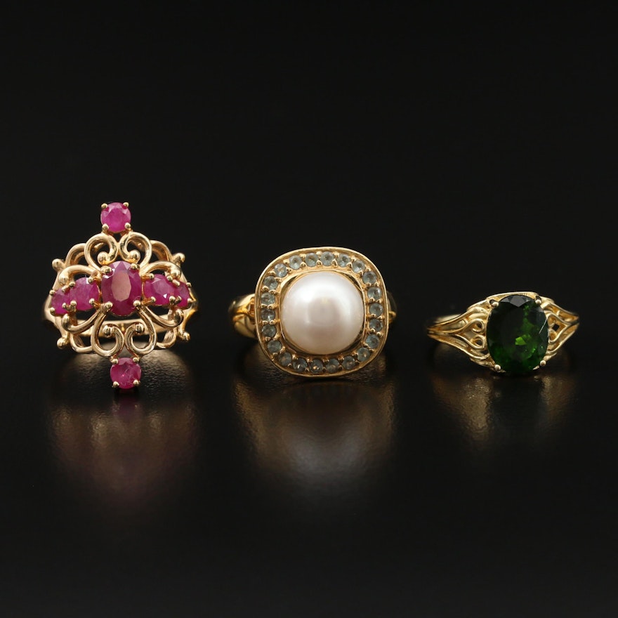 Sterling Silver Pearl, ruby and Diopside Rings