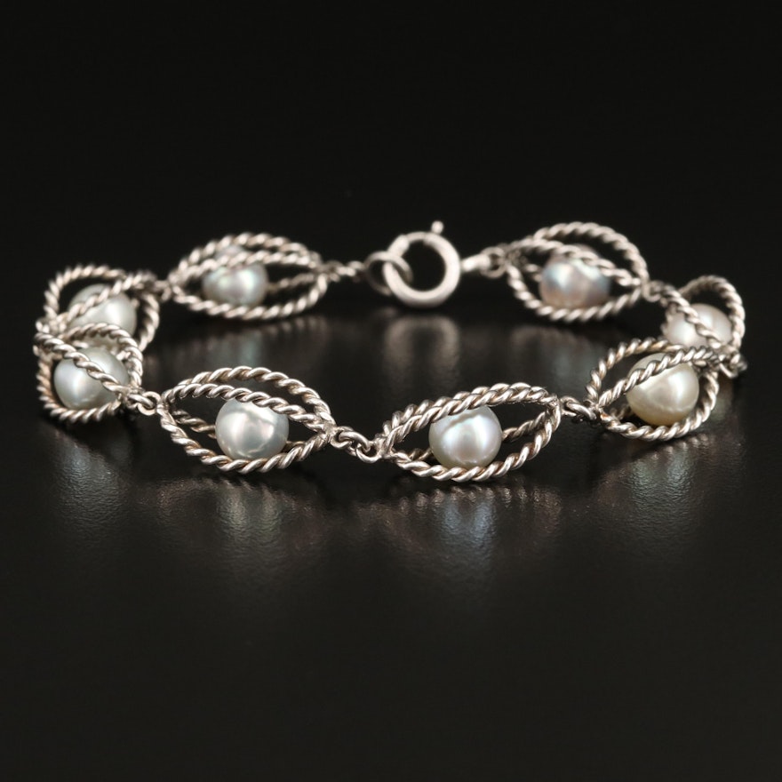 Sterling Silver Caged Pearl Bracelet with Rope Detail