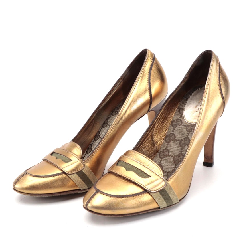 Gucci Web Gold Metallic Leather Loafer Pumps