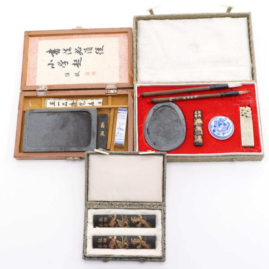 Chinese Sumi Writing and Painting Calligraphy Accessories in Cases, Mid-20th C.