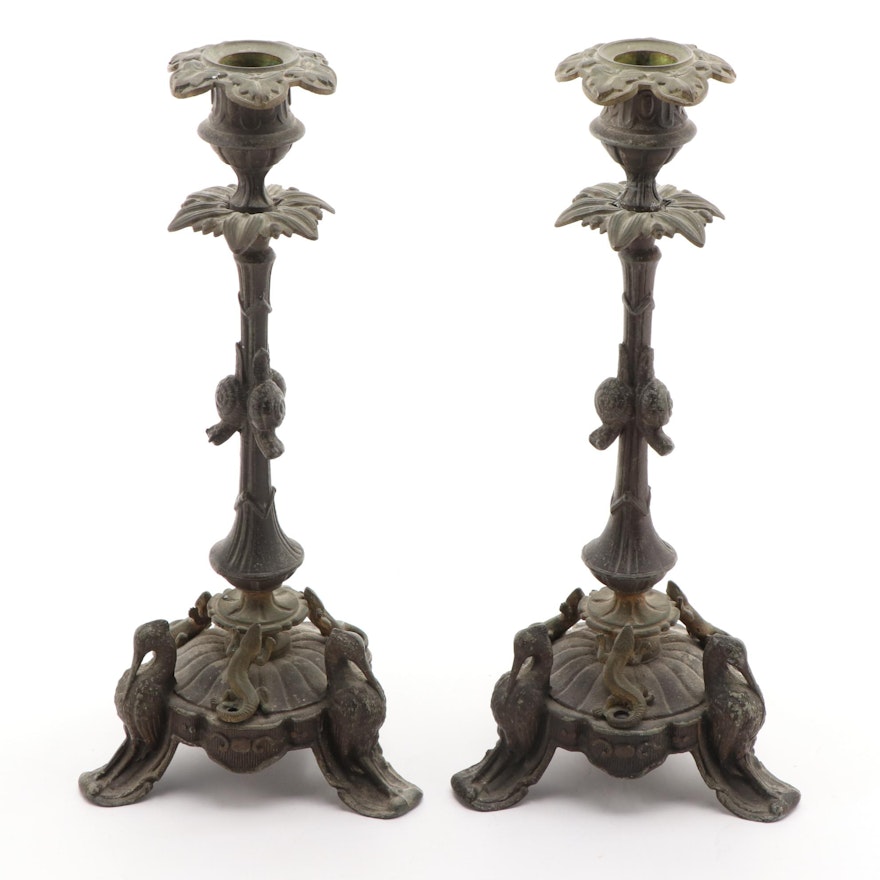 French Empire Metal Crane and Salamander Candlesticks, Mid-19th Century