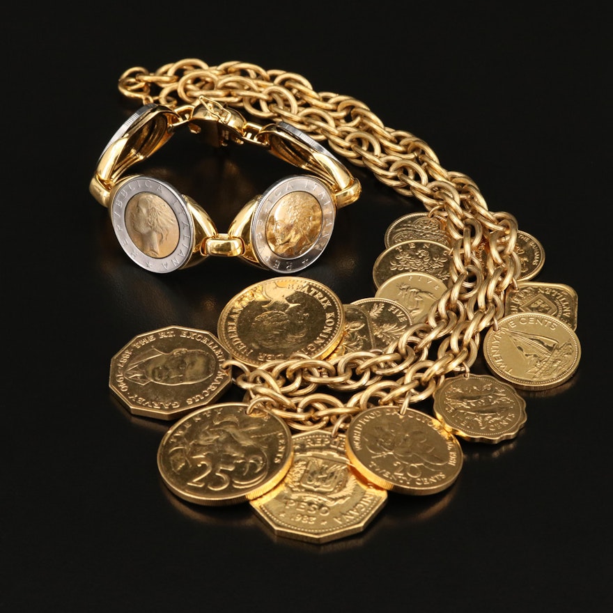 500-Lire Italian Coin Bracelet and Necklace with Coins of Jamaica and Guyana