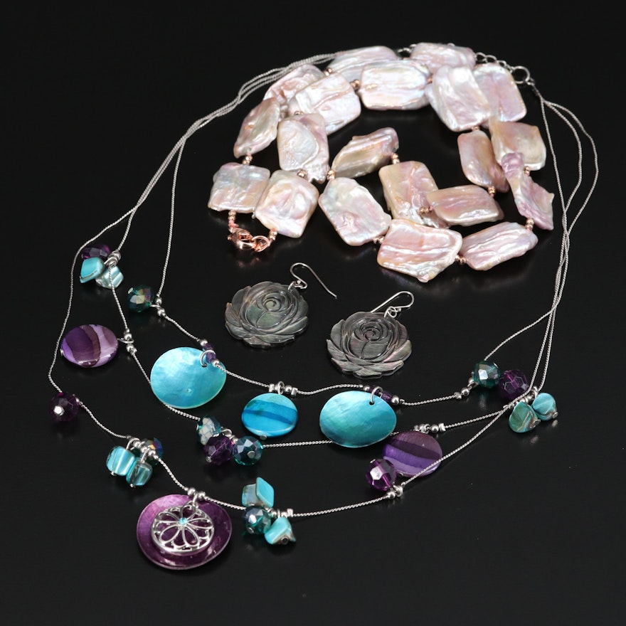 Pearl, Abalone and Shell Necklaces and Earrings