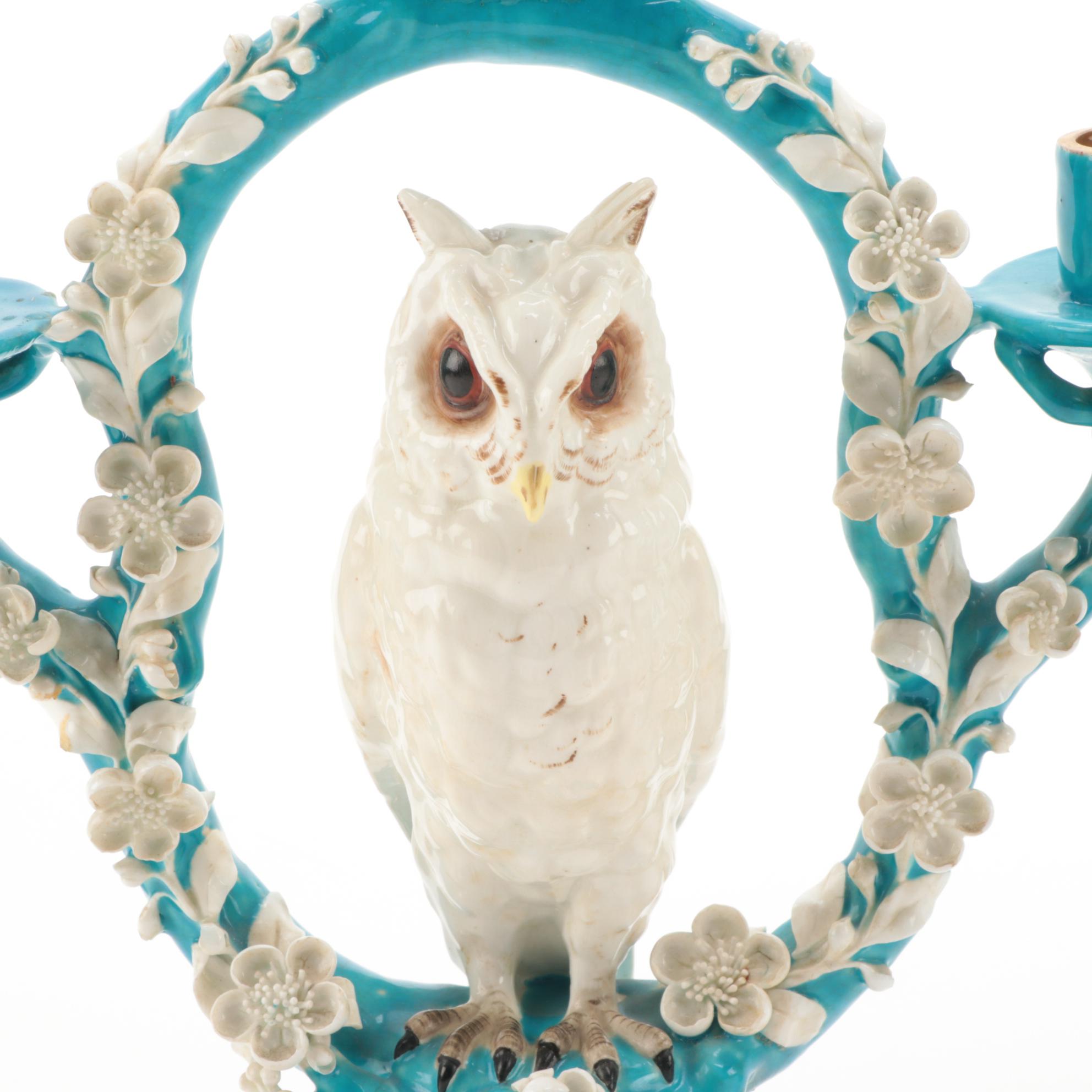 Bernard Moore Pottery of England Figural Perched Owl Candelabra, circa 1910