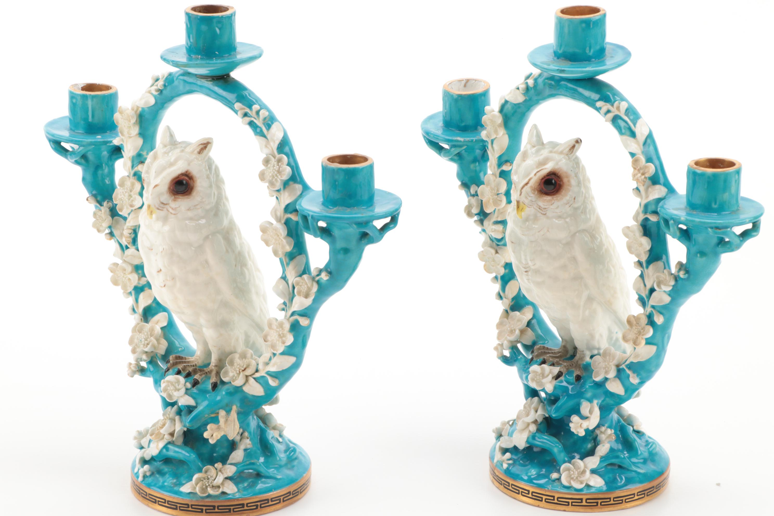 Bernard Moore Pottery of England Figural Perched Owl Candelabra, circa 1910