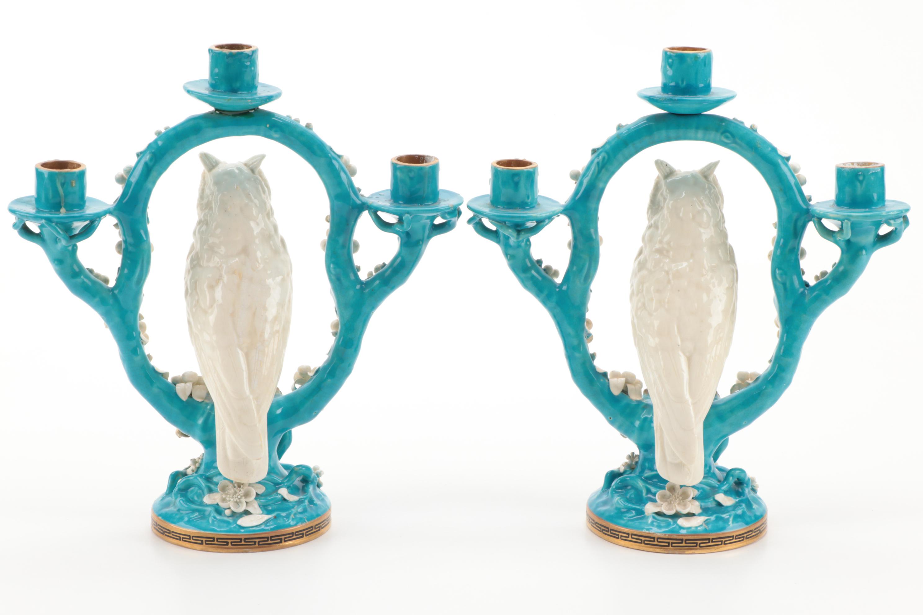 Bernard Moore Pottery of England Figural Perched Owl Candelabra, circa 1910