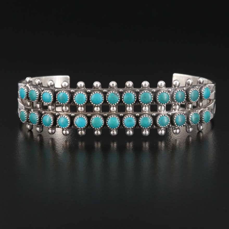 Southwestern Sterling Silver Turquoise Cuff with Stampwork Design