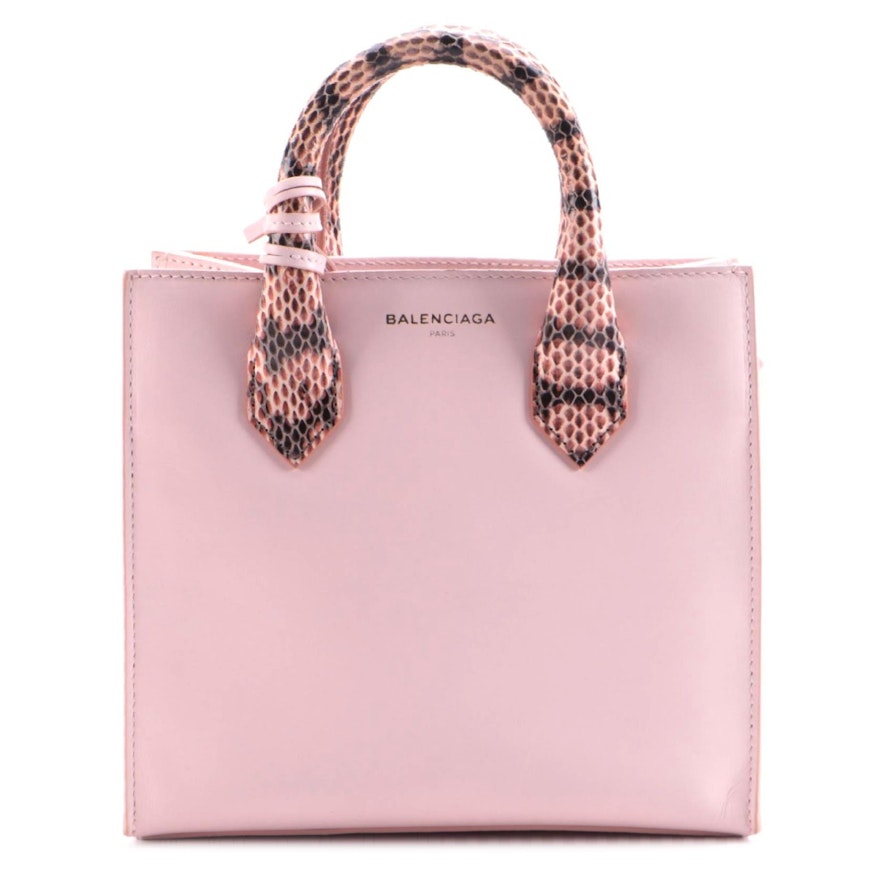 Balenciaga Mini All Afternoon Tote Bag in Pale Pink Leather with Snakeskin Trim