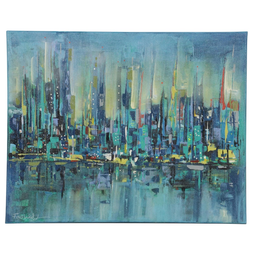 Farshad Lanjani Cityscape Acrylic Painting, 21st Century