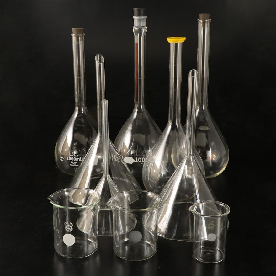 Kimble Kimax Volumetric Flasks, Pyrex Beakers and Funnels