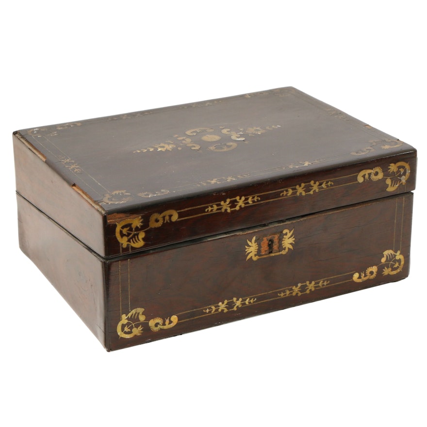 English Walnut Box with Brass Inlay, Mid to Late 19th Century