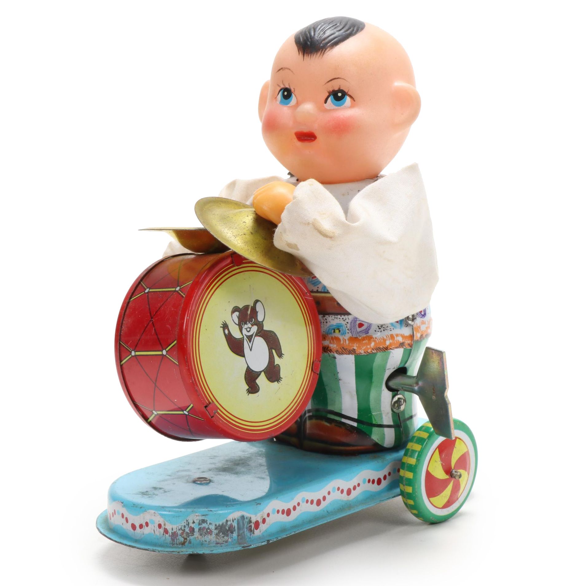 Clockwork "Child Beating Drum" Tin Litho Wind-up Toy