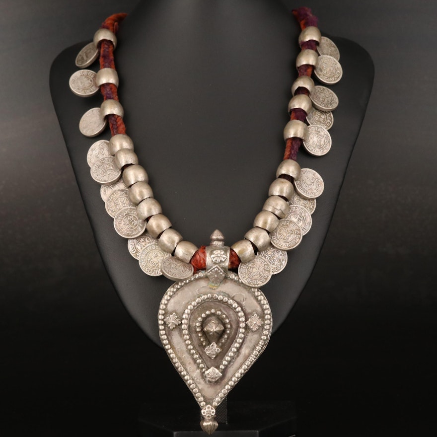 Indian Necklace with State of Kutch 1-Kori Coins and Sterling Yoni Amulet